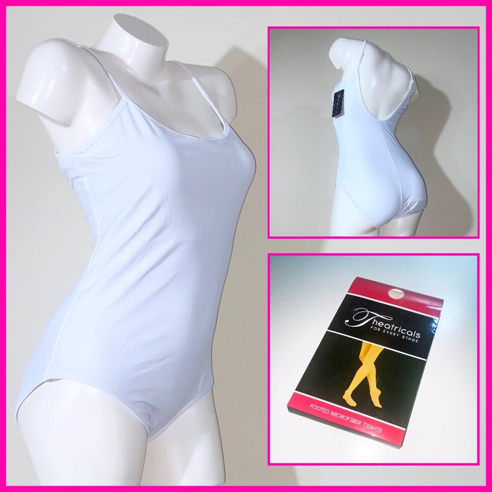NEW THEATRICALS BUNDLE - LARGE WHITE LOW BACK CAMI LEOTARD & BALLET PINK TIGHTS